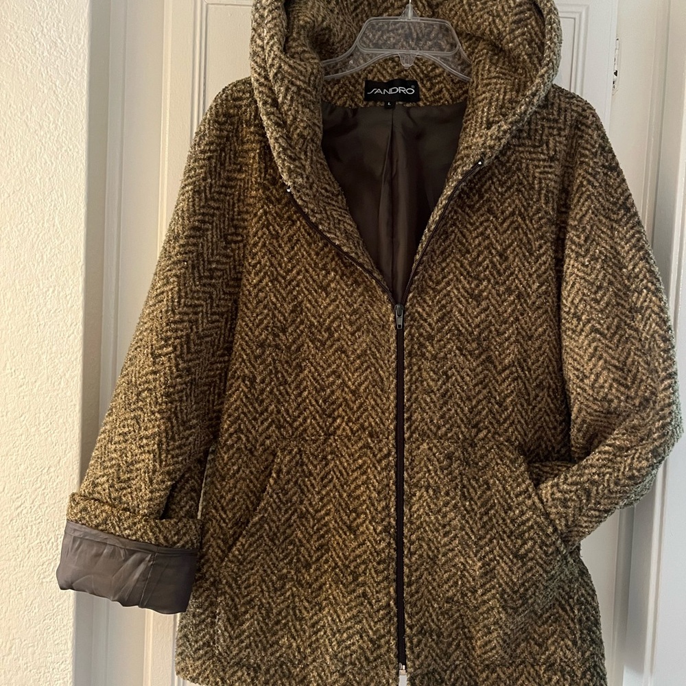 Sandro Brown Herringbone Teddy Jacket